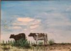 Aquarel schilderij - Nederlands landschap met koeien, Ophalen of Verzenden
