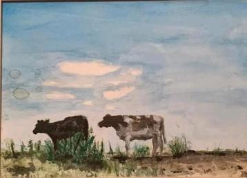 Aquarel schilderij - Nederlands landschap met koeien beschikbaar voor biedingen