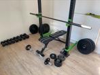 Home gym compleet met 155kg olympische schijven, Ophalen, Zo goed als nieuw, Fitnessbank