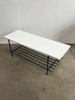 Vintage Salontafel, Wit Houten Blad Op Zwart Stalen Frame., Ophalen, Minder dan 50 cm, Gebruikt, 100 tot 150 cm