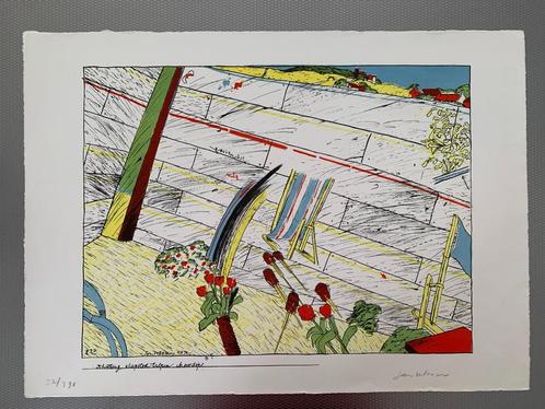 Jan de Bruin - Zeefdruk - Schutting Klapstoel Tulpen Chocodi, Antiek en Kunst, Kunst | Litho's en Zeefdrukken, Ophalen of Verzenden