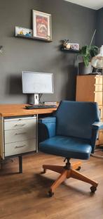Vintage blauw leren bureaustoel, Huis en Inrichting, Bureaustoelen, Ophalen, Gebruikt, Blauw, Bureaustoel