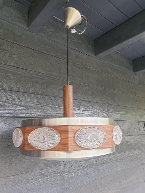 Hanglamp Space Age Ufo Jaren'60 Vintage, Huis en Inrichting, Lampen | Hanglampen, Gebruikt, Minder dan 50 cm, Glas, Hout, Metaal