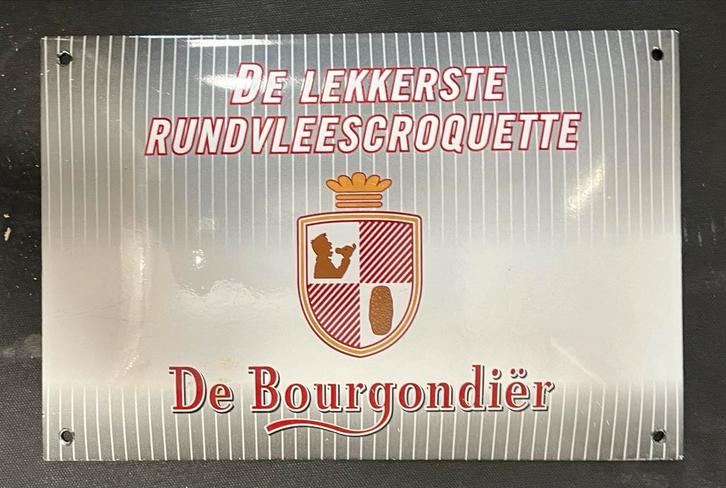 Emaille Bord De Bourgondiër de Lekkerste Vleeskroket, Verzamelen, Merken en Reclamevoorwerpen, Gebruikt, Reclamebord, Ophalen of Verzenden
