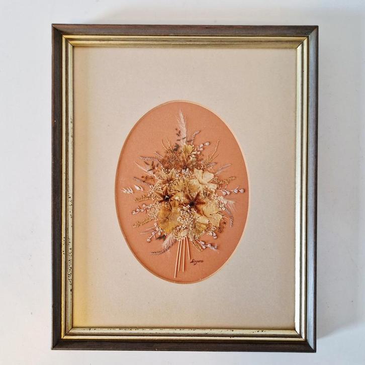 Vintage schilderij met droogbloemen lijst, Antiek en Kunst, Curiosa en Brocante, Ophalen of Verzenden