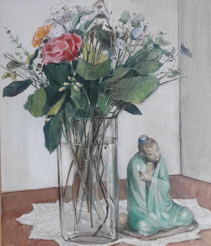 STILLEVEN BLOEMEN MET ROZEN🌹BEELDJE>HAN HANSEN (1933-2024), Antiek en Kunst, Kunst | Schilderijen | Klassiek, Ophalen of Verzenden