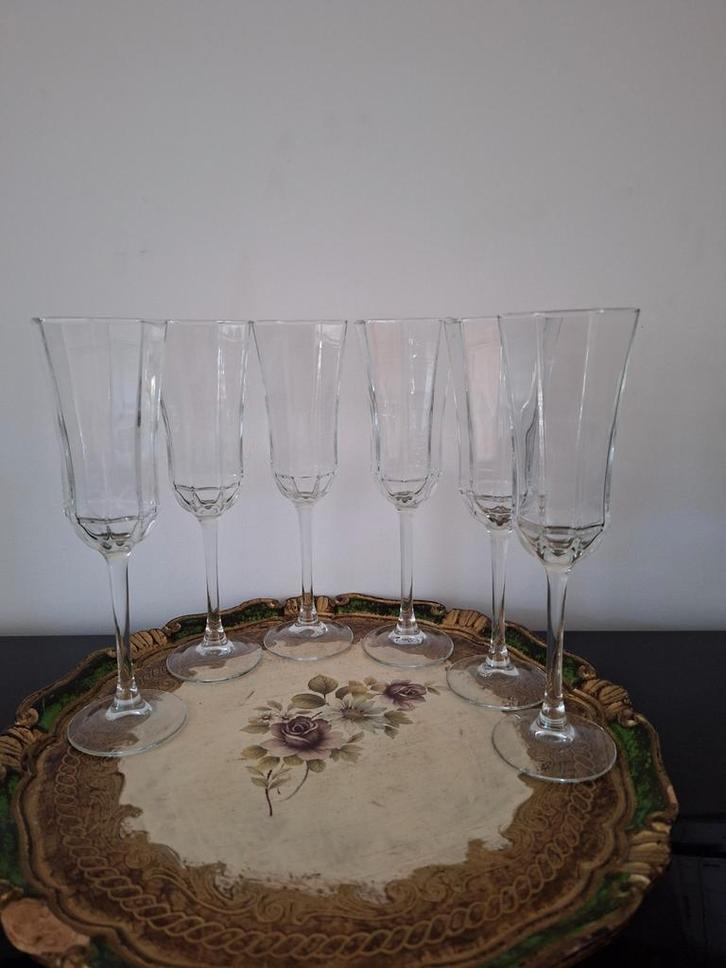 6 Luminarc Octime Prosecco Champagne flutes, 8-kantig 70's, Antiek en Kunst, Antiek | Glas en Kristal, Ophalen of Verzenden