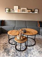 Set van 3 mango hout - Salontafels - Rond - Zwart staal, Huis en Inrichting, Tafels | Salontafels, Ophalen, Gebruikt, 50 tot 100 cm