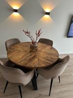 Eettafel rond Mango hout met visgraatpatroon, Huis en Inrichting, 100 tot 150 cm, Rond, Zo goed als nieuw, Ophalen