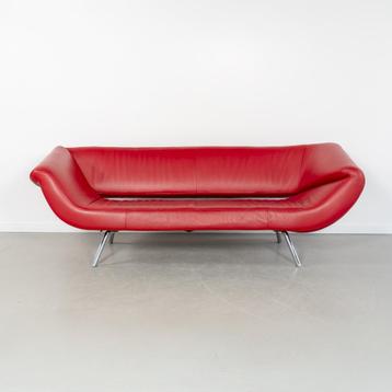 1x Leolux Arabella 3-zits/220cm Bank Rood Leer - Chroom beschikbaar voor biedingen