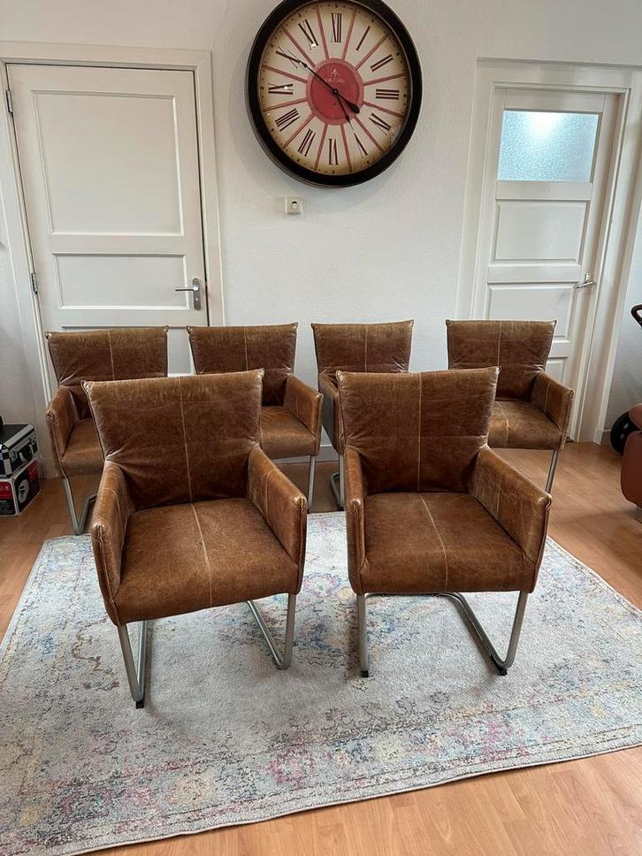 Cognac kleur leren design eetkamer stoelen Jess stoel, Huis en Inrichting, Stoelen, Zo goed als nieuw, Vijf, Zes of meer stoelen