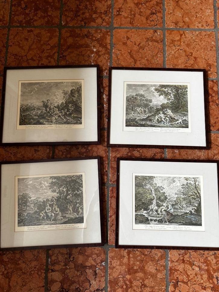 Set van 4 antieke ingelijste prenten – De Vier Seizoenen, Antiek en Kunst, Kunst | Litho's en Zeefdrukken, Ophalen of Verzenden
