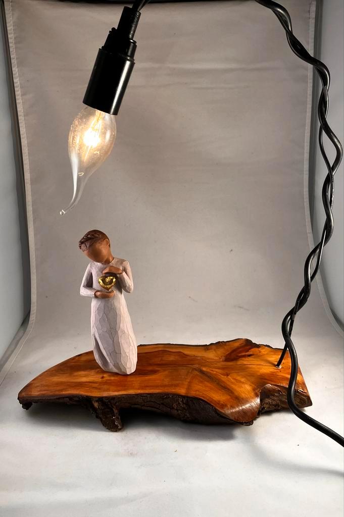 Houten Lamp met Houtschijf & Waxinelichtje, Huis en Inrichting, Lampen | Tafellampen, Nieuw, Minder dan 50 cm, Hout, Ophalen of Verzenden