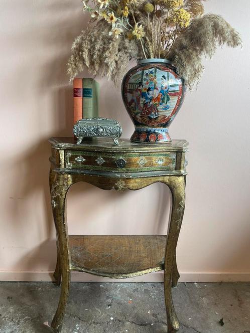 Vintage Ventiaans houten bijzettafetje goud, Huis en Inrichting, Tafels | Bijzettafels, Gebruikt, Rechthoekig, 60 cm of meer, Minder dan 55 cm