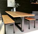 Twee eiken bankjes met zwart stalen onderstel (zonder tafel), Tuin en Terras, Tuinbanken, Ophalen, Zo goed als nieuw, Hout