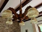 Antieke hanglamp eiken, Huis en Inrichting, Ophalen, Gebruikt, Glas, 50 tot 75 cm