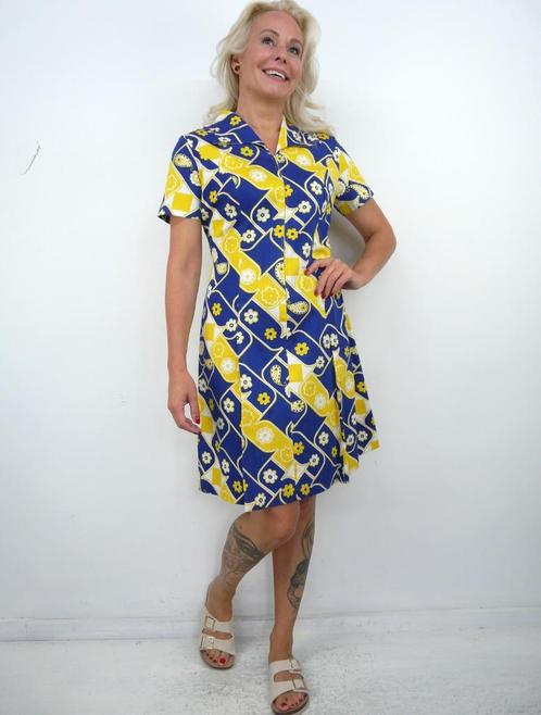 *Abfab Vintage 70's Jurk met Retro Print 42*, Kleding | Dames, Jurken, Zo goed als nieuw, Maat 42/44 (L), Blauw, Knielengte, Ophalen of Verzenden