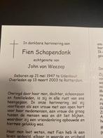 van Weezep - Schapendonk Udenhout Rotterdam, Ophalen of Verzenden, Bidprentje