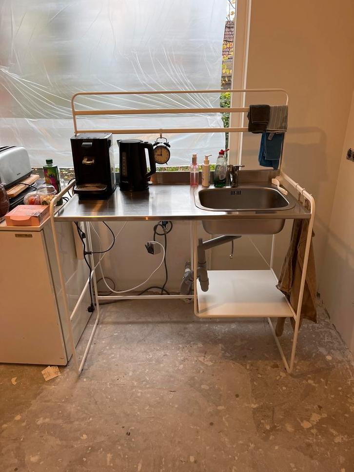 Noodkeuken met wasbak en rek, Huis en Inrichting, Keuken | Keukenelementen, Gebruikt, 100 tot 150 cm, 50 tot 75 cm, Wit, Ophalen