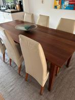 Kersenhouten eethoek met 6 stoelen ecru leren bekleding, Huis en Inrichting, Ophalen, Gebruikt