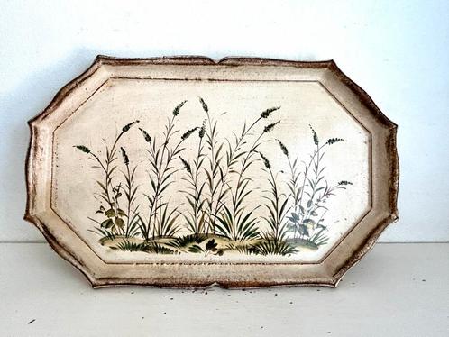 Brocant vintage dienblad creme met planten 35 cm, Huis en Inrichting, Woonaccessoires | Dienbladen, Gebruikt, Hout, Rechthoekig