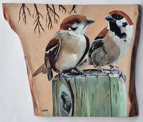 Schilderij 2 mussen op hout voor huis of tuin, Tuin en Terras, Tuinwanddecoratie, Nieuw, Ophalen of Verzenden