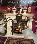 Antieke kroonluchter brons rozen bloem lampenkapjes glas wit, Ophalen of Verzenden, Glas, Antiek / klassiek