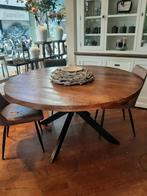 Ronde Mangohouten tafel metalen Xpoot 150 cm, Ophalen, Zo goed als nieuw