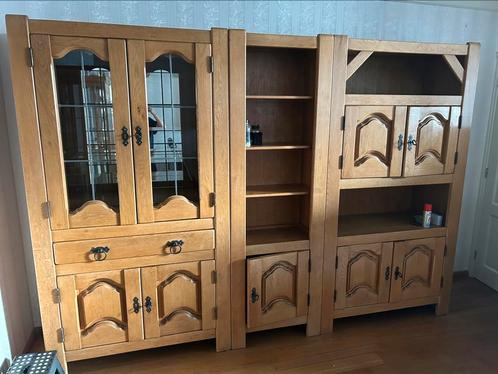 Massief eikenhouten buffetkast, Huis en Inrichting, Kasten | Buffetkasten, Zo goed als nieuw, 200 cm of meer, 25 tot 50 cm, Glas