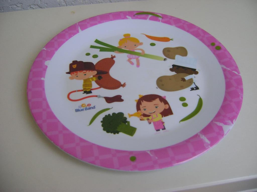 wit met roze rand kinder bordje bleuband met jongen en meisj, Ophalen of Verzenden, Zo goed als nieuw, Overige typen