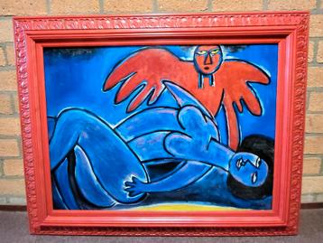 Groot expressief schilderij, stijl van Chagall, rood, blauw beschikbaar voor biedingen