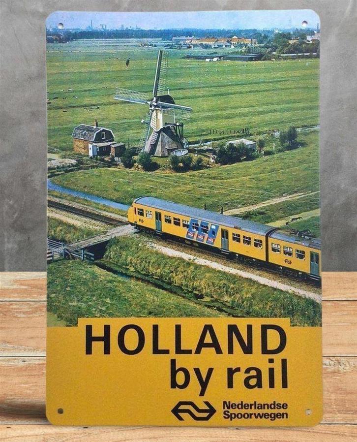 NS Vintage Reclame HOLLAND BY RAIL Trein Metalen Wandbord, Verzamelen, Spoorwegen en Tramwegen, Nieuw, Trein, Overige typen, Verzenden