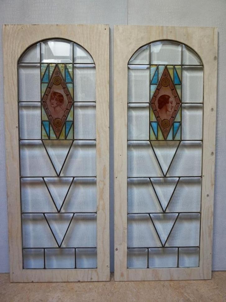 Set van 2 art deco glas in lood, jaren 20 Charleston, Doe-het-zelf en Verbouw, Glas en Ramen, Gebruikt, Gevelraam of Ruit, Minder dan 80 cm