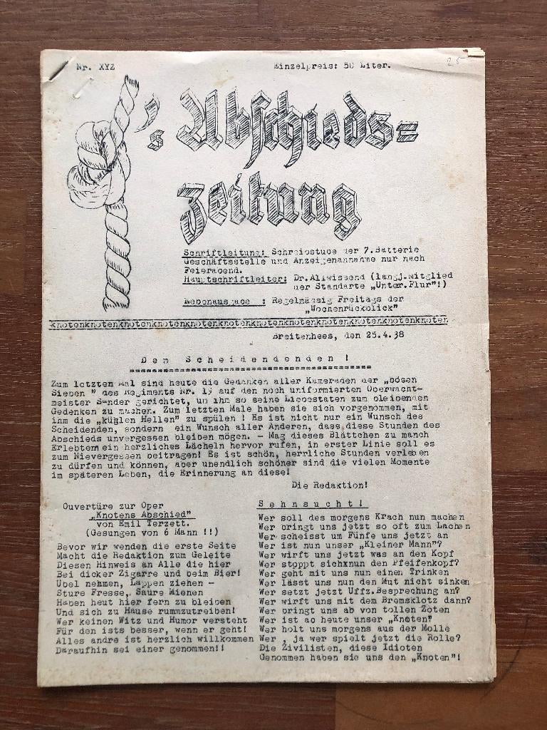 Derde Rijk, 25 April 1938 Soldatenkrant. Abschieds-Zeitung, Ophalen of Verzenden, Overige onderwerpen, Tweede Wereldoorlog, Gelezen