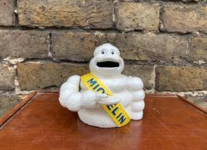 Michelin Bibendum gietijzeren mechanische spaarpot, Verzamelen, Spaarpotten, Zo goed als nieuw, Overige thema's, Metaal of Blik