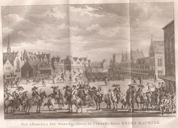Het afdanken der Waardgelders,te Utrecht, door Prins Maurits, Antiek en Kunst, Kunst | Etsen en Gravures, Ophalen of Verzenden