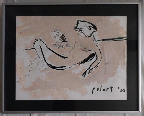 Michel Pol (1969) - Naakte dame met vogel - 1992, Antiek en Kunst, Kunst | Schilderijen | Modern, Ophalen of Verzenden