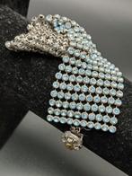 Brede armband met blauwe strass en bloemsluiting, Staal, Blauw, Ophalen of Verzenden, Zo goed als nieuw