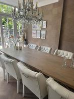 Houten eettafel dik blad hout + wit afwerking ijzeren poten, Ophalen, 50 tot 100 cm, Zo goed als nieuw, Vijf personen of meer