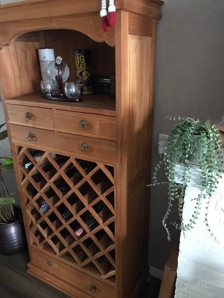 Teakhouten wijnkast / opbergkast - 28 flessen, 5 lades, Huis en Inrichting, Ophalen, Gebruikt, Teakhout, 50 tot 100 cm