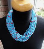 Ketting 40 snoertjes turquoise met enkele rode glaskraaltjes, Blauw, Gebruikt, Verzenden