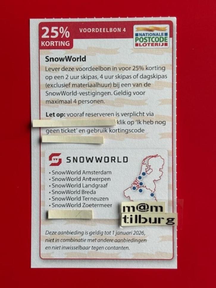 Voordeelbon 4 SnowWorld 25% korting voor max. 4 personen, Tickets en Kaartjes, Kortingen en Cadeaubonnen, Drie personen of meer