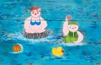 Schilderij op hout Dikke Dames sportief in zwembad in acryl, Antiek en Kunst, Kunst | Schilderijen | Modern, Ophalen of Verzenden