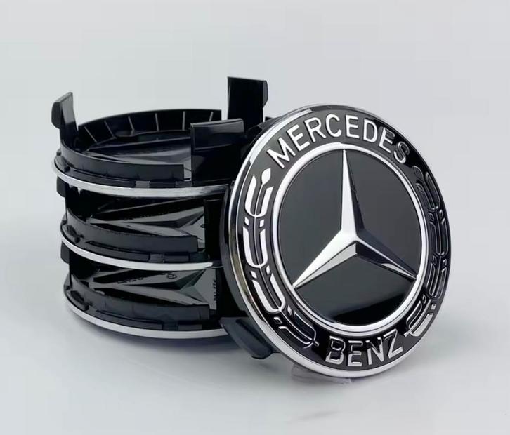 Set naafdoppen 75 mm Mercedes (4 stuks) nieuw zwart, Auto diversen, Tuning en Styling, Verzenden