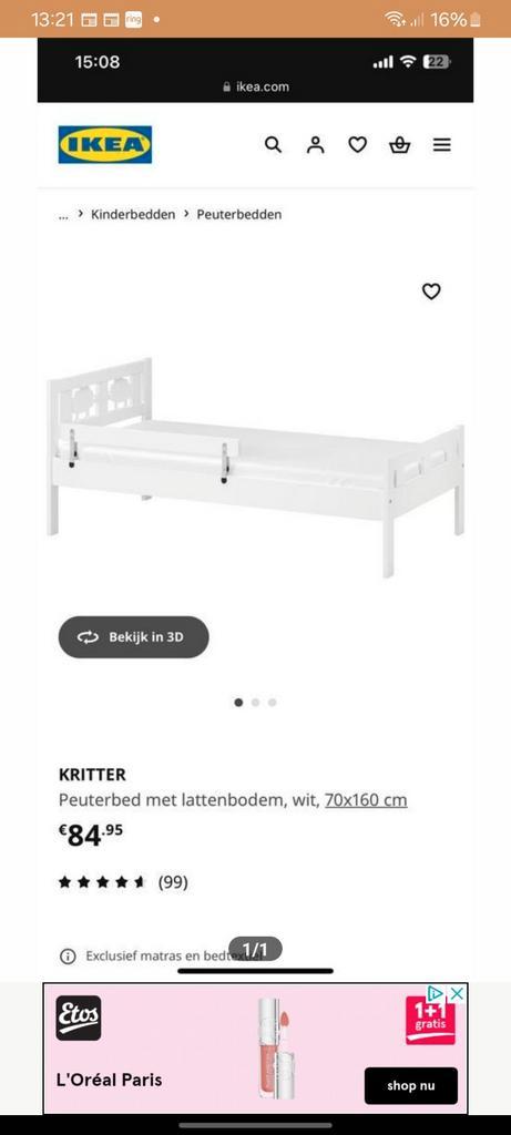 Ikea peuterbed Kitter, Kinderen en Baby's, Kinderkamer | Bedden, Gebruikt, 140 tot 160 cm, 70 tot 85 cm, Matras, Ophalen of Verzenden