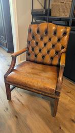 Vintage Chesterfield Fauteuil, leer, Ophalen, Gebruikt, Minder dan 75 cm, Hout