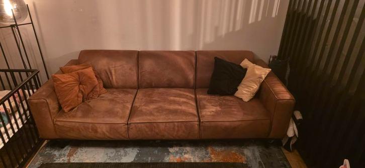 Cognac leren 3-zits bank - 230 cm + hocker, Huis en Inrichting, Banken | Bankstellen, Gebruikt, Rechte bank, Driepersoons, 200 tot 250 cm