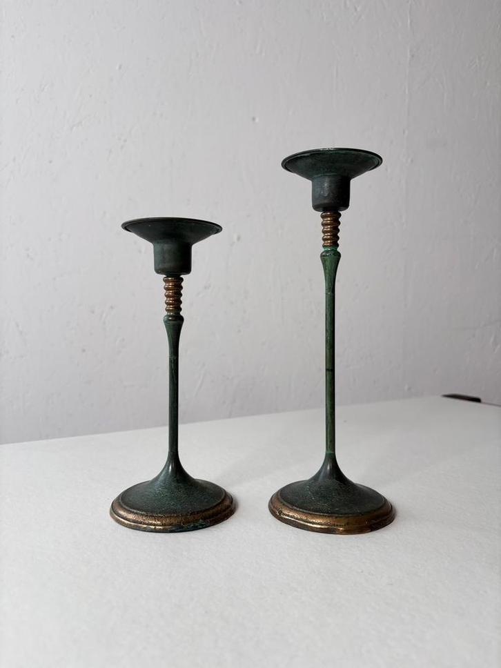 Set Italiaanse kandelaars groen brons jaren 80, Huis en Inrichting, Woonaccessoires | Kandelaars en Kaarsen, Gebruikt, Kandelaar