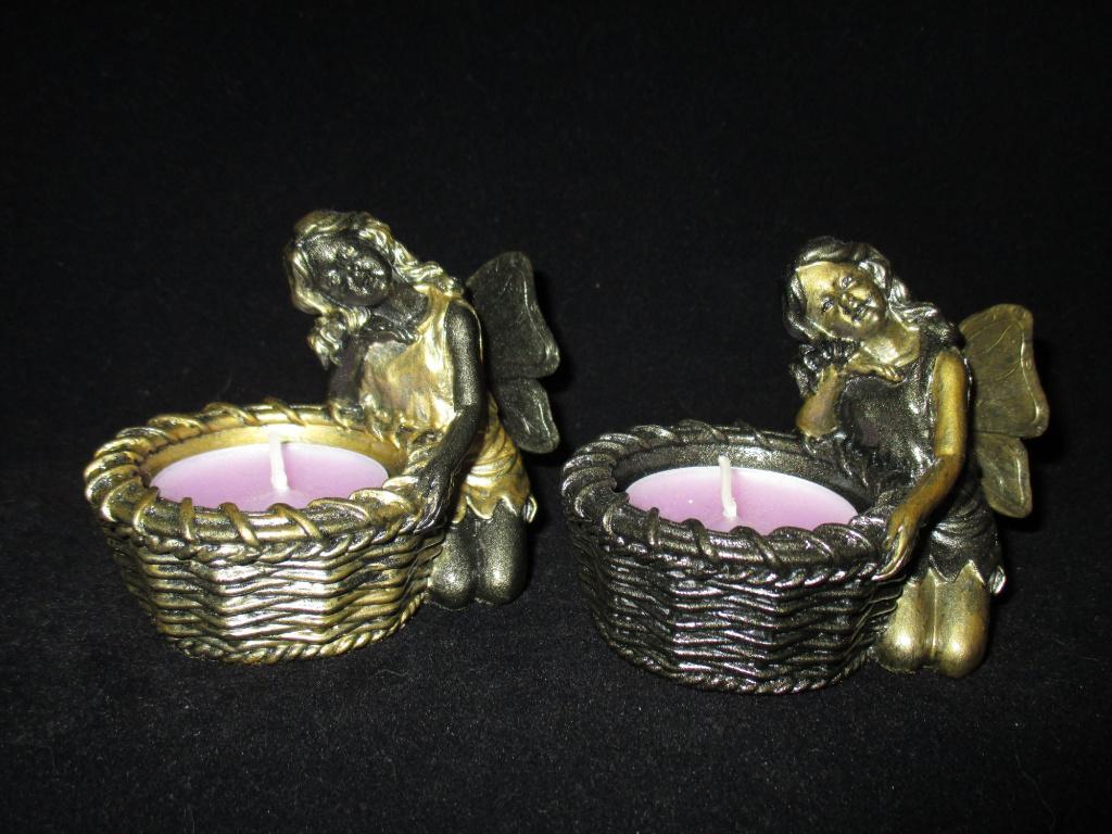 set Elfjes, luxe brons- & goud-kleur, 2 Waxinelicht beeldjes, Ophalen of Verzenden, Nieuw, Brocante