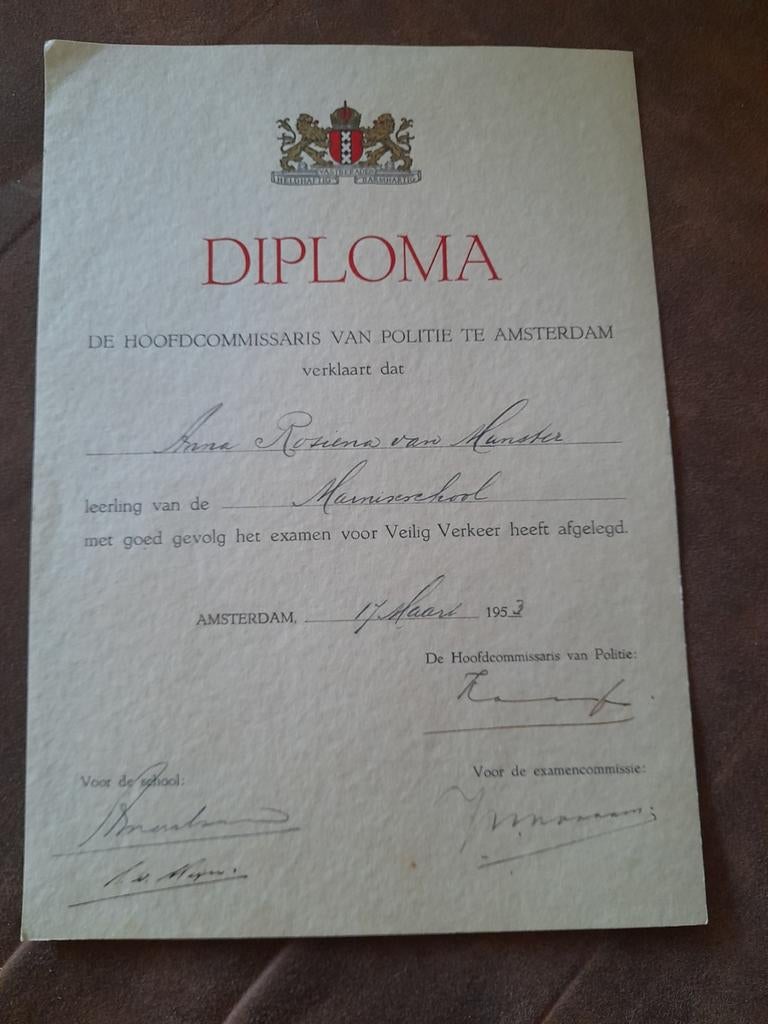 Oud Diploma Veilig Verkeer Amsterdam 1953, Ophalen of Verzenden, Gebruikt